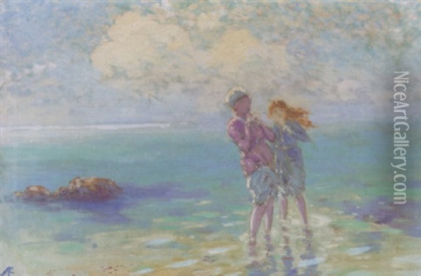 Two Girls Paddling In The Sea Oil Painting - George Russell