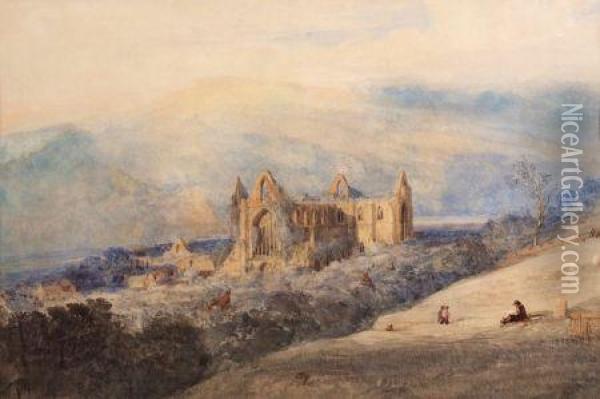 Extensive View Above Tintern Abbey Oil Painting - Thomas Lound