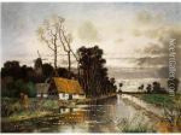 Moorlandschaft Mit Bauernkaten An Einem Uberfluteten Kanal Oil Painting - Karl Heffner