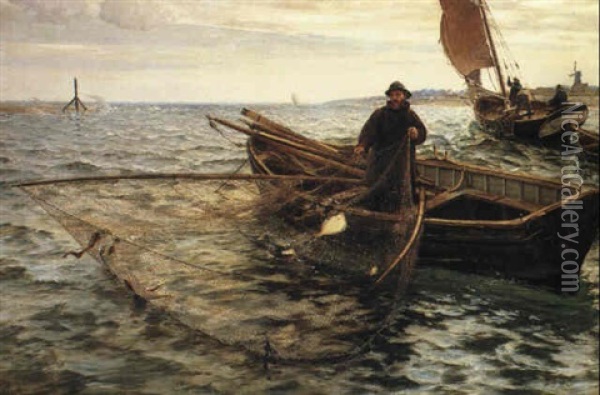 Pulling In The Net Oil Painting - Charles Napier Hemy