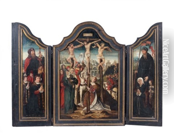 Le Golgotha Entre Les Donateurs Presentes Par Saint Jacques Et Un Saint Protecteur (+ L'annonciation, Verso; Triptych) Oil Painting - Bernaert (Barend) van Orley