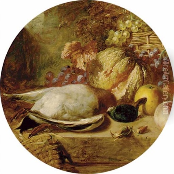 A Mallard, Apples, A Peach, Melon, Grapes, Hazlenuts On A Ledge With A Basket Oil Painting - George Lance