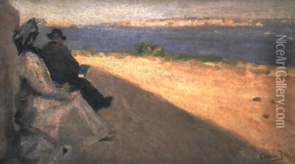 Dos Figuras, Al Atardecer Frente Al Mar Oil Painting - Cecilio Pla