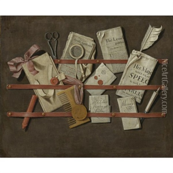 Trompe L'oeil Still Life Of A Letter Rack Holding Newspapers, Letters, A Comb, Scissors, Wax, A Letter Opener, A Magnifying Glass And Other Objects Oil Painting - Edward Collier