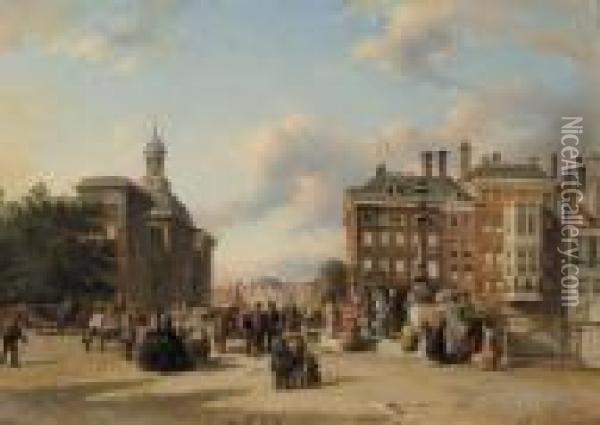 Numerous Townsfolk On A Square, Rotterdam Oil Painting - Elias Pieter van Bommel