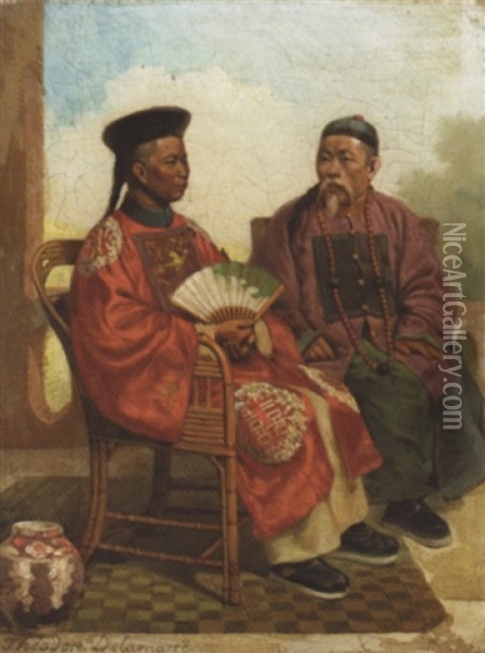 Chinese Gentlemen In Conversation Oil Painting - Theodore Didier Delamarre