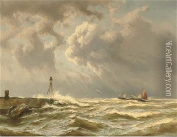 Sailing Ships And A Paddle Steamer By A Coast Oil Painting - Johannes Hermanus Barend Koekkoek