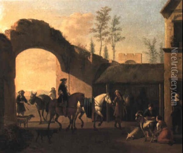 Two Gentlemen About To Stable Their Mounts In An Italianate Courtyard Oil Painting - Gerrit Adriaensz Berckheyde