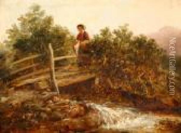 Young Woman Crossing A Bridge Over A Stream Oil Painting - Frederick Richard Lee