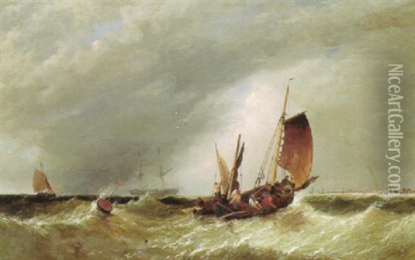 Fishing Boat And Other Vessels Off The Coast Oil Painting - James Meadows Snr