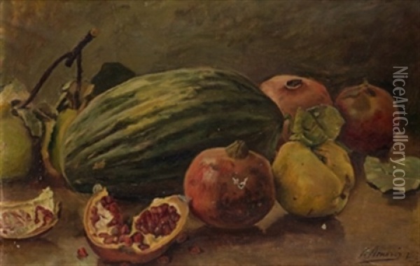 Bodegon Con Melon Y Granadas Oil Painting - Antonio Amoros Botella