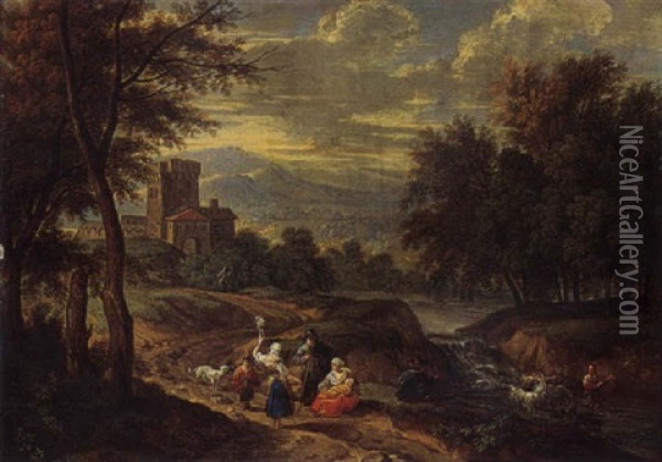 A Mountain Landscape With Travellers On A Path And A Shepherd Crossing A Ford Oil Painting - Adriaen Frans Boudewyns the Elder