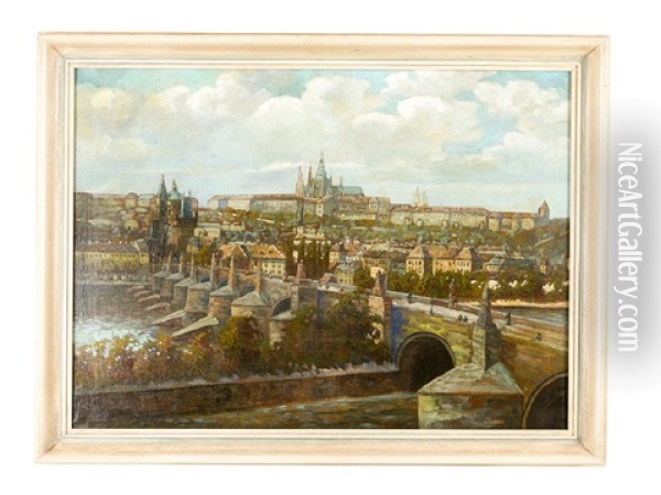 Prague With Few Of The Charles Bridge And The Hradschin Oil Painting - Heinrich Tomec