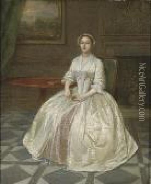 Portrait Of A Lady, Small 
Full-length, In A White Dress With Pinkunderskirt, Seated Beside A 
Mahogany Tripod Table, A Fireplace Witha Stucco Overmantel Beyond Oil Painting - Arthur Devis