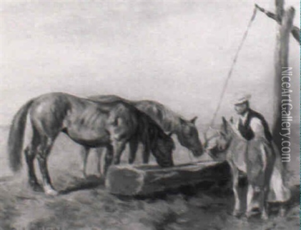 Bauer Mit Pferden Und Fohlen Am Ziehbrunnen Oil Painting - Julius von Blaas