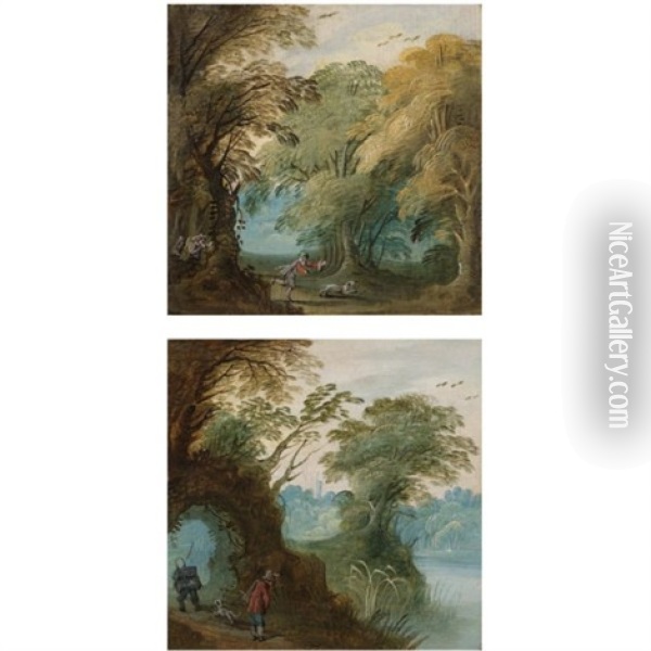 Wooded Landcape With Figures (set Of 4) Oil Painting - Jasper van der Laanen