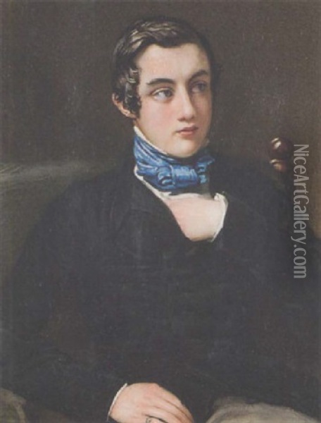 Colonel William Stuart As A Young Man, Left Hand Tucked Inside His Black Coat, Wearing White Chemise, Grey Trousers, And Tied Blue Stock Oil Painting - Charles J. Basebe