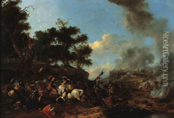 A Skirmish With Polish Cavalry Near An Encampment Oil Painting - Pieter Wouwermans or Wouwerman