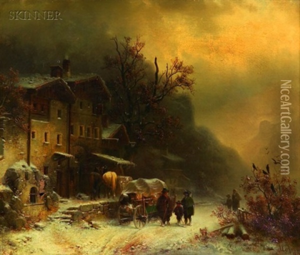 Winter Scene At An Inn Oil Painting - Heinrich Hofer