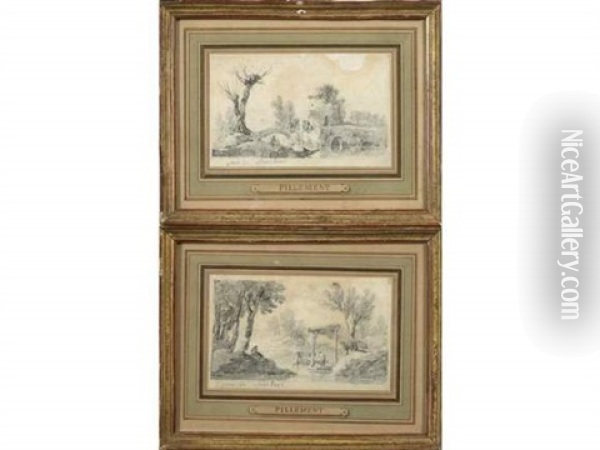 Paysage Aux Lavandieres (+ Paysage Aux Ruines; Pair) Oil Painting - Jean Baptiste Pillement