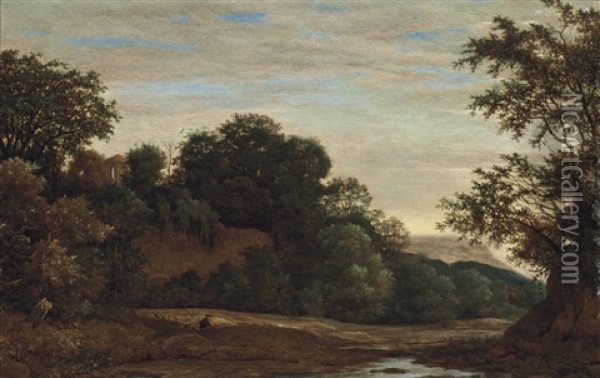 A Wooded River Landscape With A Hunter And His Dog, On A Track, A Wall Beyond Oil Painting - Cornelis Hendriksz Vroom