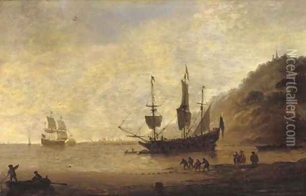 A man-o'-war at anchor before a hilly coast with figures in the foreground and shipping beyond Oil Painting - Dirck Verhaert