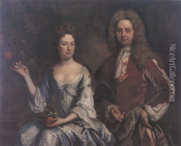 Portrait Of A Lady Wearing A Blue Dress Holding An Apple In Her Hand And A Gentleman In A Red Coat, A Sword At His Side Oil Painting - Jonathan Richardson