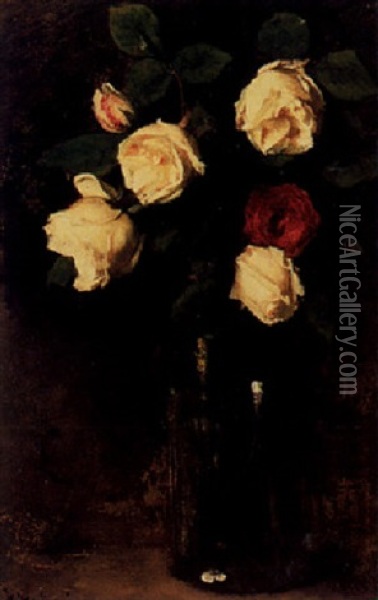 Red And Yellow Roses In A Vase Oil Painting - Floris Arntzenius