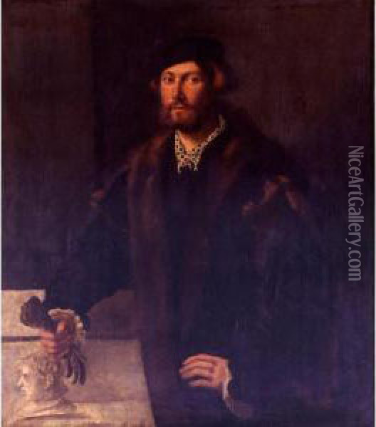 Portrait Of A Man Holding A Glove In His Right Hand Oil Painting - Giovanni De' Busi Cariani