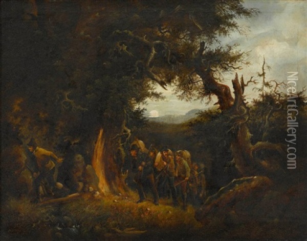 Schmuggler In Nachtlicher Waldlandschaft Oil Painting - Meno Muehlig