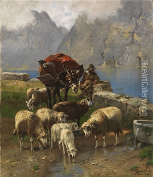 Schafe Und Hirte An Einem Hochgebirgssee Oil Painting - Christian Friedrich Mali