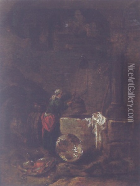 A Woman Drawing Water From A Well Under An Arcade Oil Painting - Willem Kalf