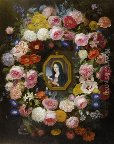 Madonna In Einer Blumengirlande Oil Painting - Johannes Anthonius van der Baren
