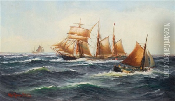 Danischer Bramsegelschoner Karen Und Hollandische Tjalk Vor Svenborg Oil Painting - Alfred Serenius Jensen