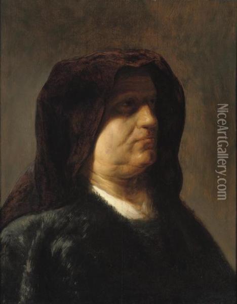 A 'tronie' Of An Old Woman In A Black Furcoat And A Purple Hood Oil Painting - Jan Lievens