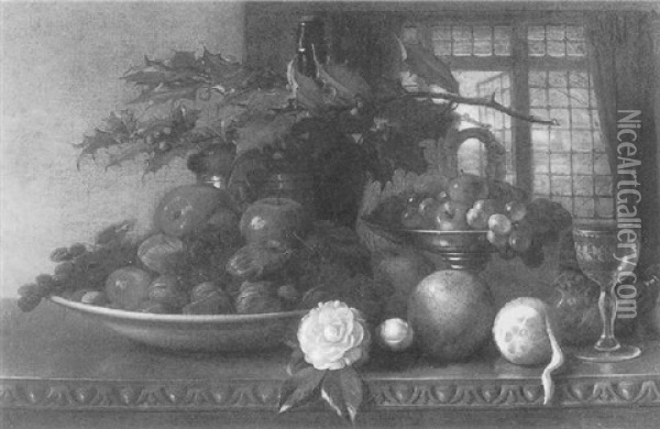 Still Life With Holly And Fruit Oil Painting - George Henry Hall