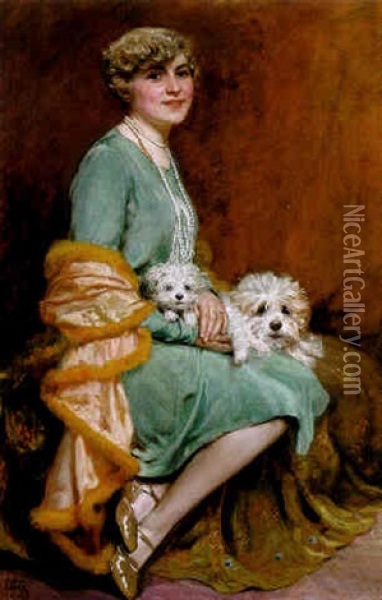 Portrait Einer Jungen Blonden Frau Mit Zwei Schoshunden Oil Painting - Gustav Bauer