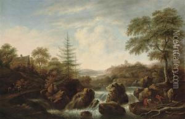 Figures In A Wooded River Landscape Oil Painting - Jacob Salomonsz. Ruysdael