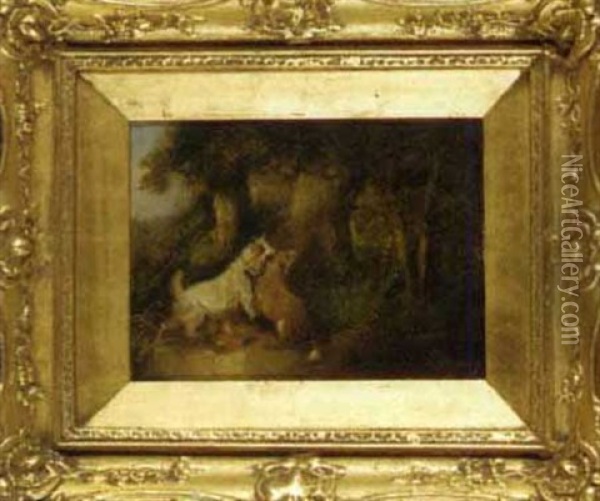 A Terrier Chasing A Rabbit (+ Two Terriers Rabbiting; 2 Works) Oil Painting - George Armfield