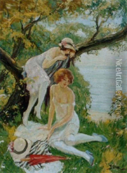 Sommerliche Partie An Einem See Oil Painting - Leopold Illencz