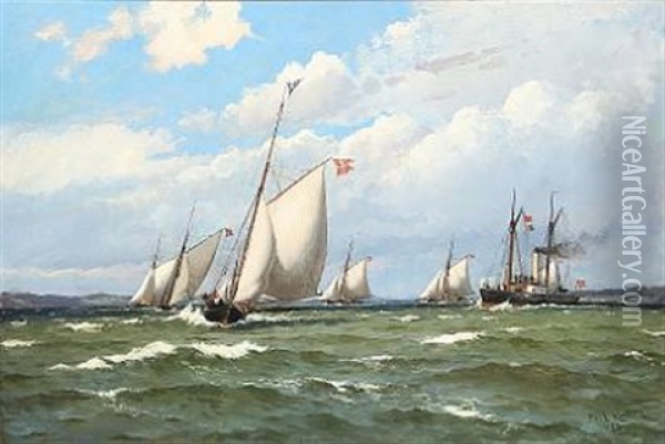 Danske Lystfartojer I Escadre. Frisk Kuling. Udfor Bjorne Knude Oil Painting - Carl Ludvig Thilson Locher