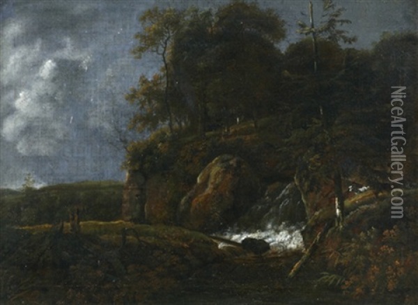 Felsige Waldlandschaft Mit Kleinem Wasserfall Oil Painting - Jacob Van Ruisdael