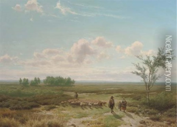 Leading The Flock Across An Extensive Heath Oil Painting - Cornelis Lieste