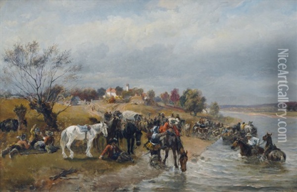 Soldiers Camp On The Riverbank Oil Painting - Alfred Ritter von Malheim Friedlaender