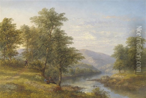 Summer River Landscape With Figures Fishing Beside Trees Oil Painting - James Poole