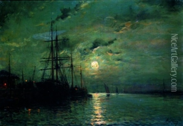 Vue D'un Port La Nuit Oil Painting - Henri Malfroy-Savigny