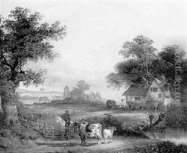 Figures In A Meadow With Animals, An Inn And Village Beyond Oil Painting - Charles Shayer