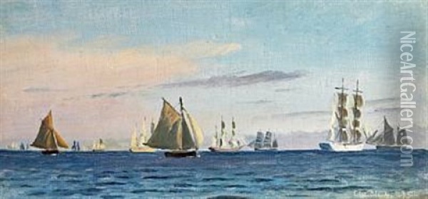 Numerous Sailing Ships On Quiet Waters Oil Painting - Christian Blache