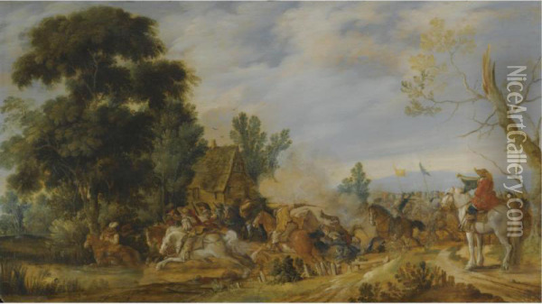 A Cavalry Battle Beside A Stream Oil Painting - Pieter de Neyn