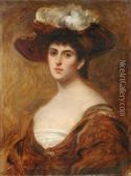 Portrait Of A Lady In A Feathered Hat And Velvet Wrap Oil On Canvas 51 X 38cm Oil Painting - John Singer Sargent
